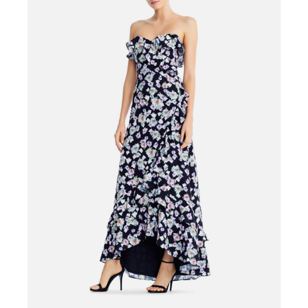 Aidan Mattox Strapless Floral Maxi Dress Women's 12 Black Hi-Low Ruffle Party - Picture 1 of 13